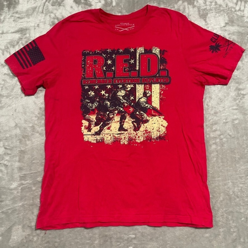 Grunt Style Shirt Mens XL Red Remember Everyone Deployed Military USA Army
